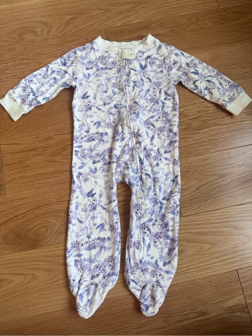 Burt's Bees Cream and Lavender Floral Zip Footed One-Piece